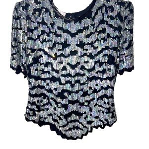 ’80s Silver Sequin Black Silk Scallop Hem Top